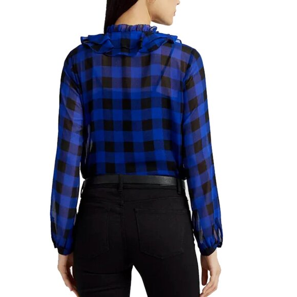 NWT Lauren Ralph Lauren Buffalo Check Ruffled Georgette Blouse Top - Picture 2 of 7